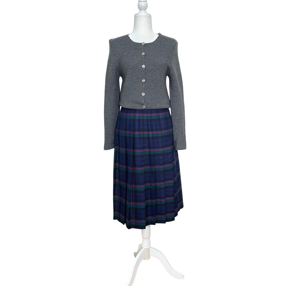 Vintage Deans of Scotland 100% Wool Blue Tartan Plaid Pleated Midi Skirt Size 6